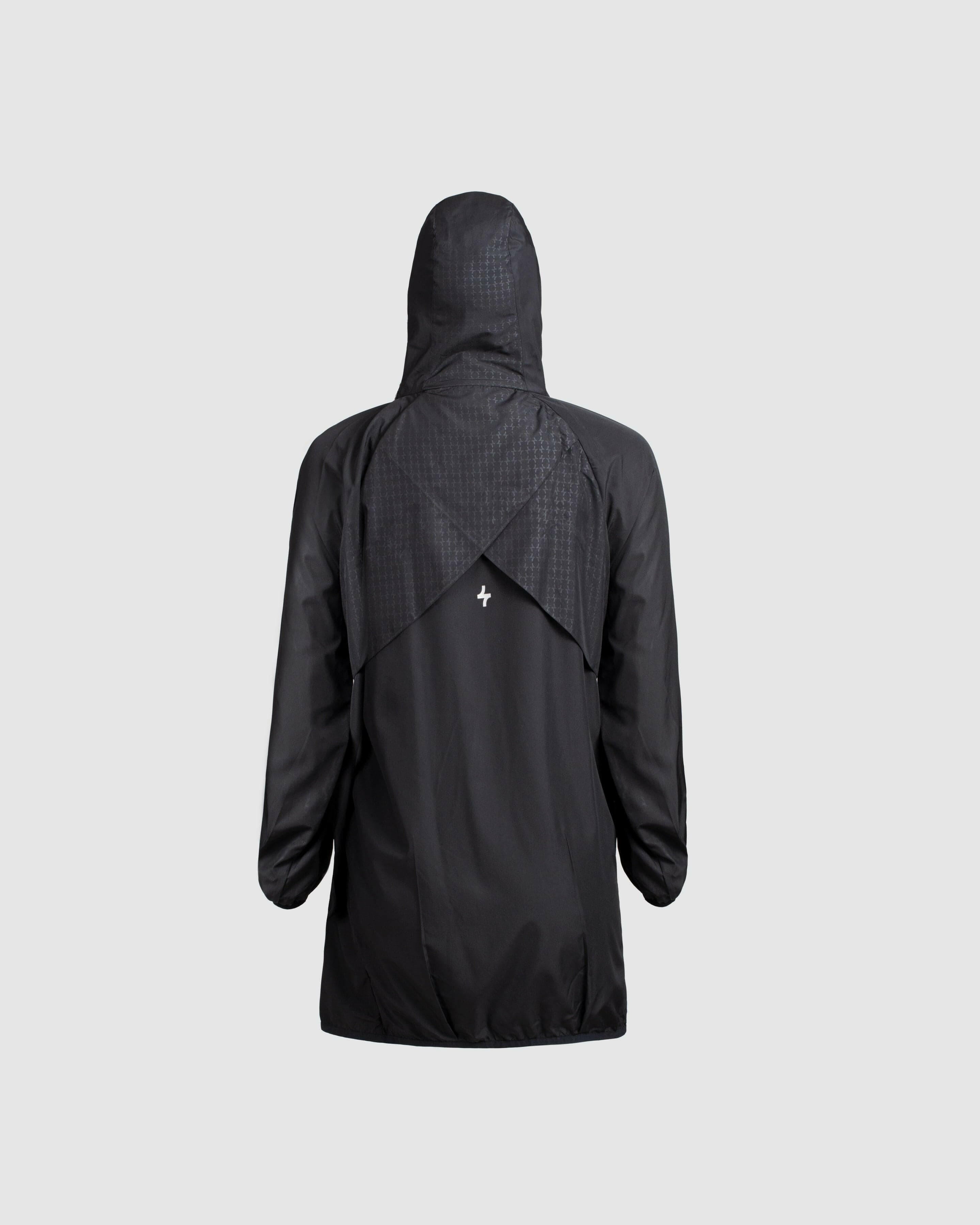 Back view of a lightweight black COOLDOWN coat by Qynda with a hood, displayed against a neutral background.