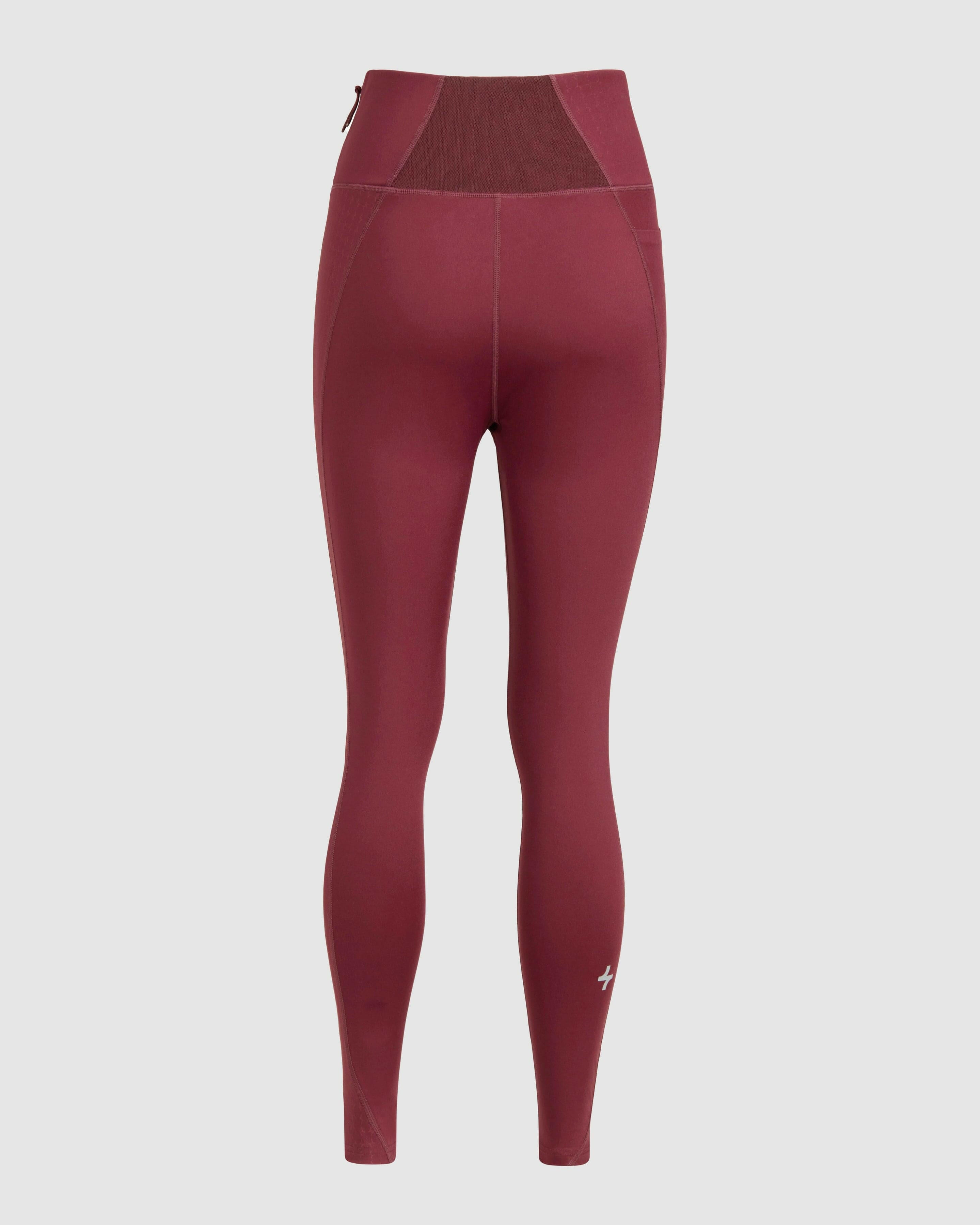 The back side of Stylish Maroon Modest LADINA LEGGINGS by Qynda with a high waistband and better fitting, zipper detail on white background.