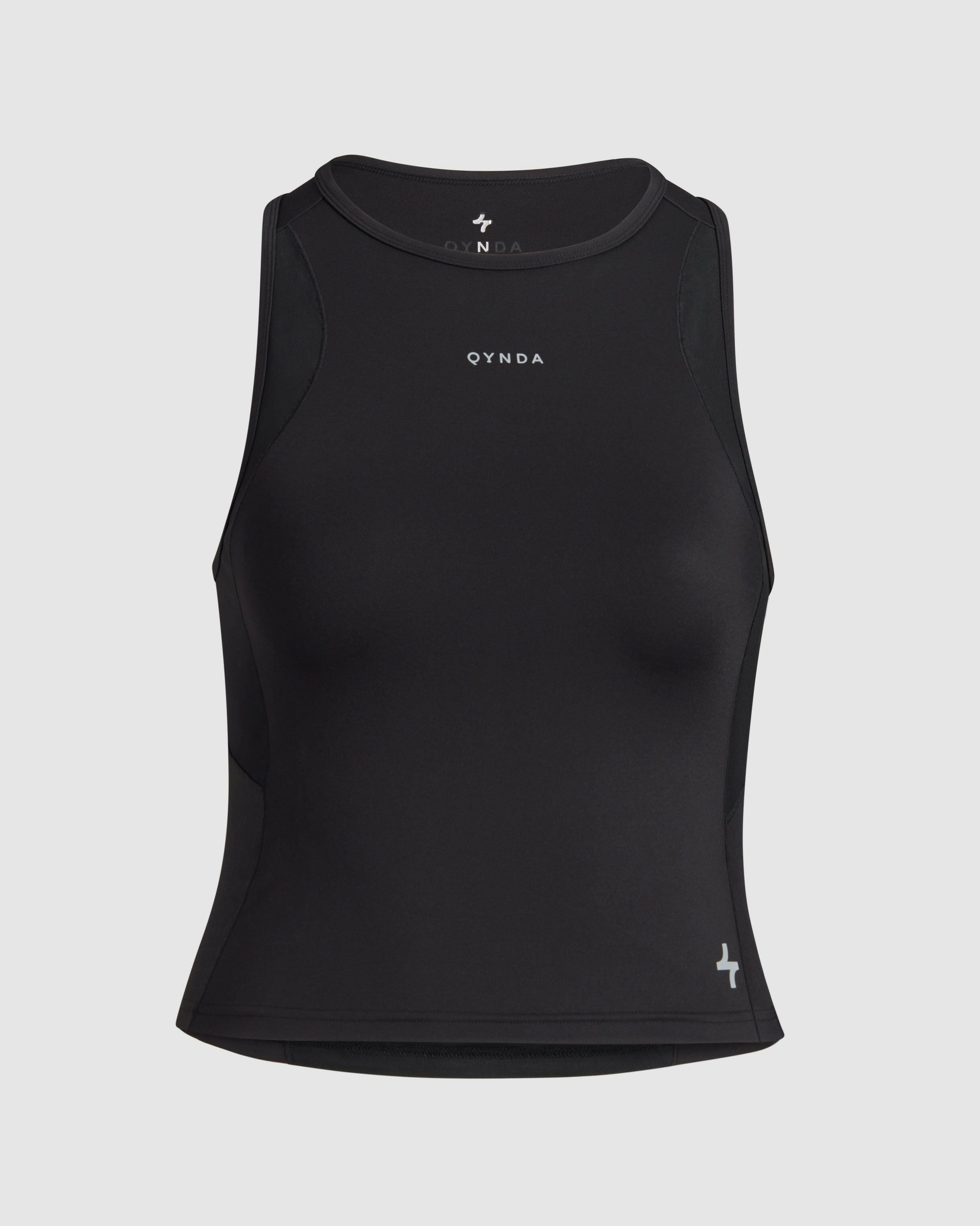 A black sleeveless BADA TANK TOP with qynda logo isolated on a white background.