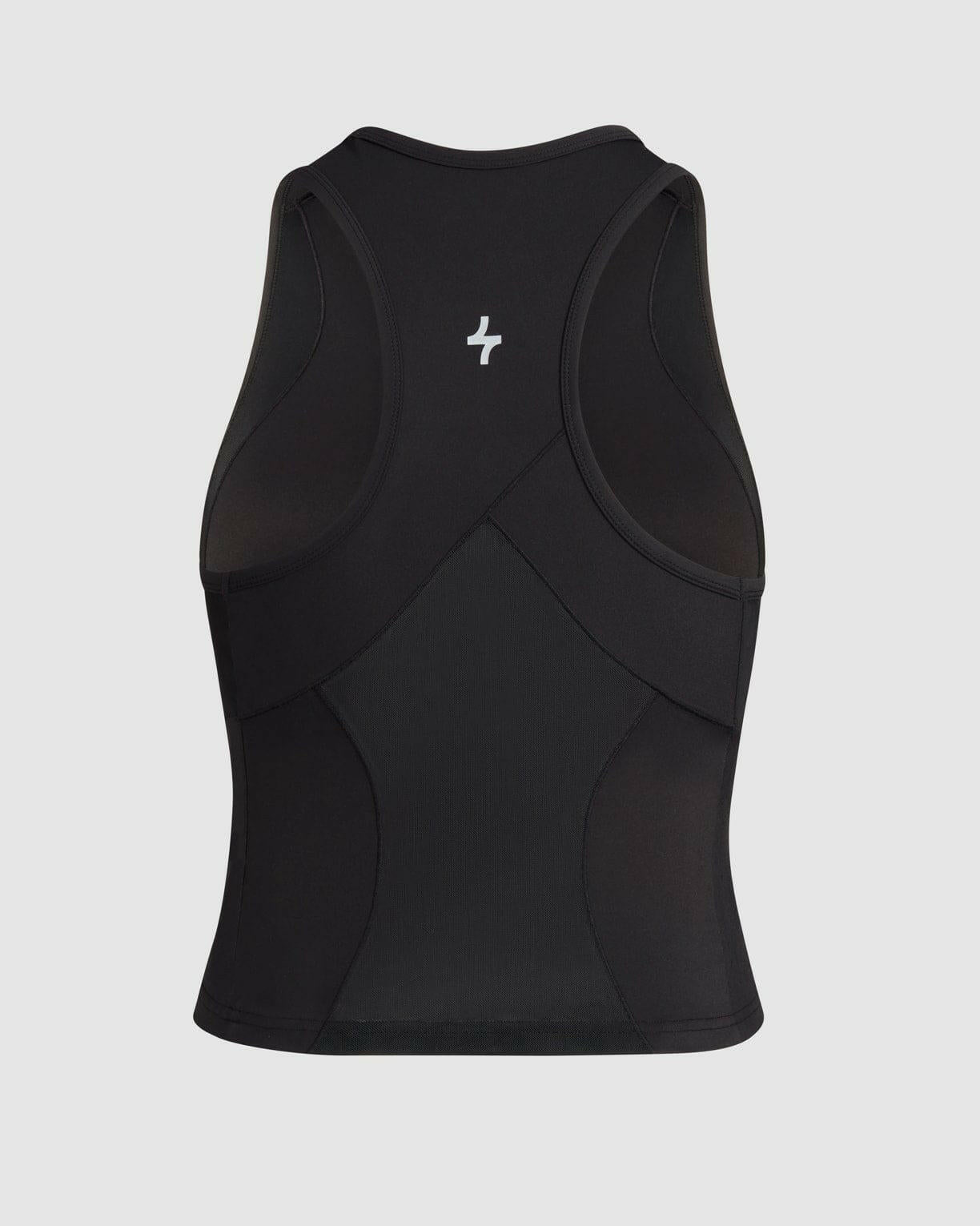 A black sleeveless BADA TANK TOP with qynda logo and mesh back isolated on a white background.