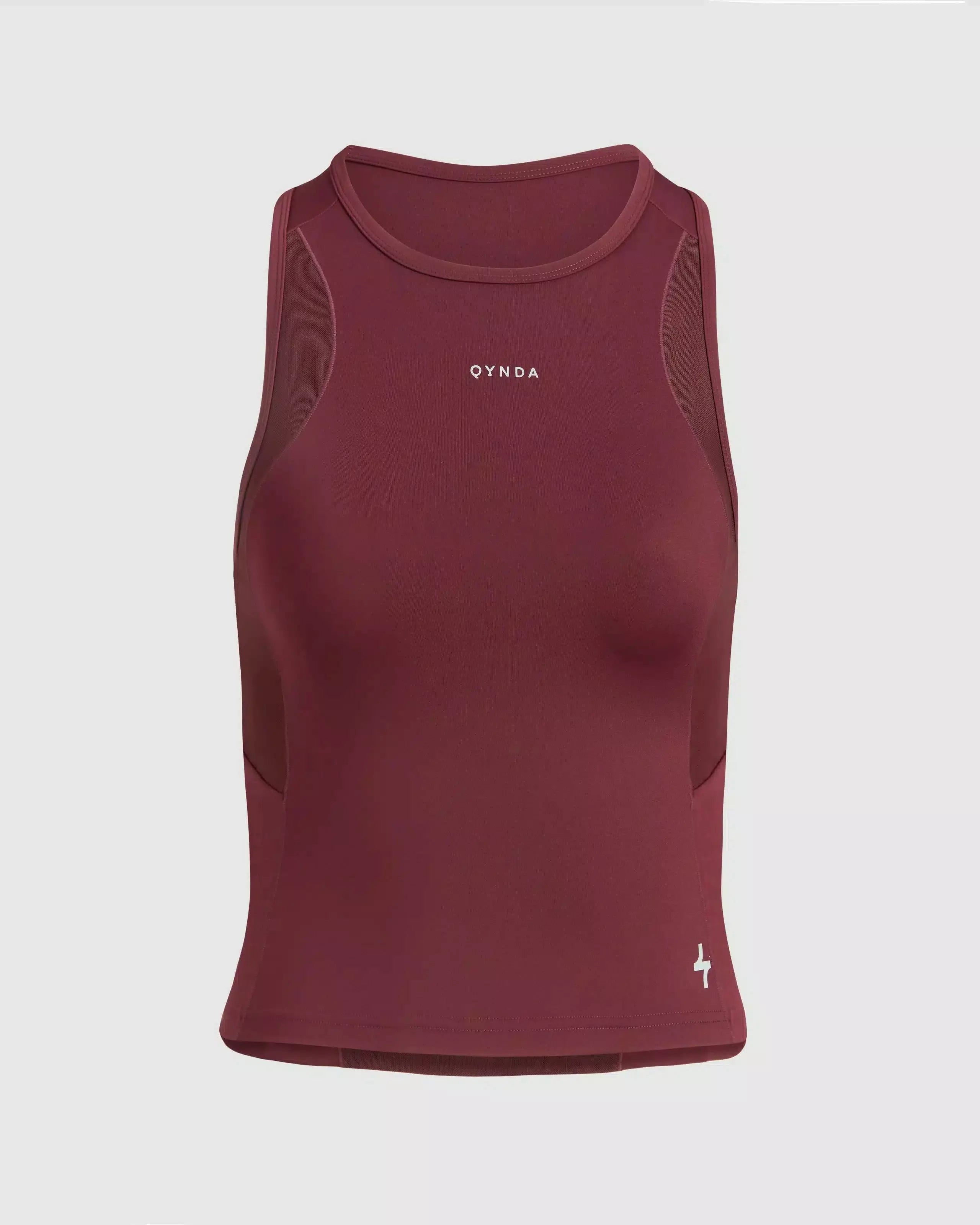 A maroon-colored women's sports tank top with a high neckline and a qynda logo on the chest.