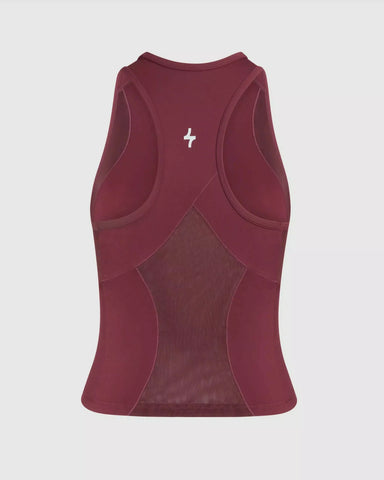 A Maroon colored BADA TANK TOP with qynda logo and mesh back and sides isolated on a white background.
