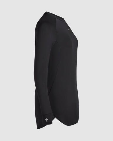 A modest Black MOD LONG SLEEVE T-SHIRT by Qynda made of light material, displayed on a mannequin showing the left side profile, isolated on a white background.