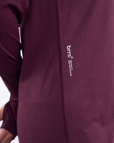Close-up view of a maroon cooling LONG SLEEVE T-SHIRT by qynda.