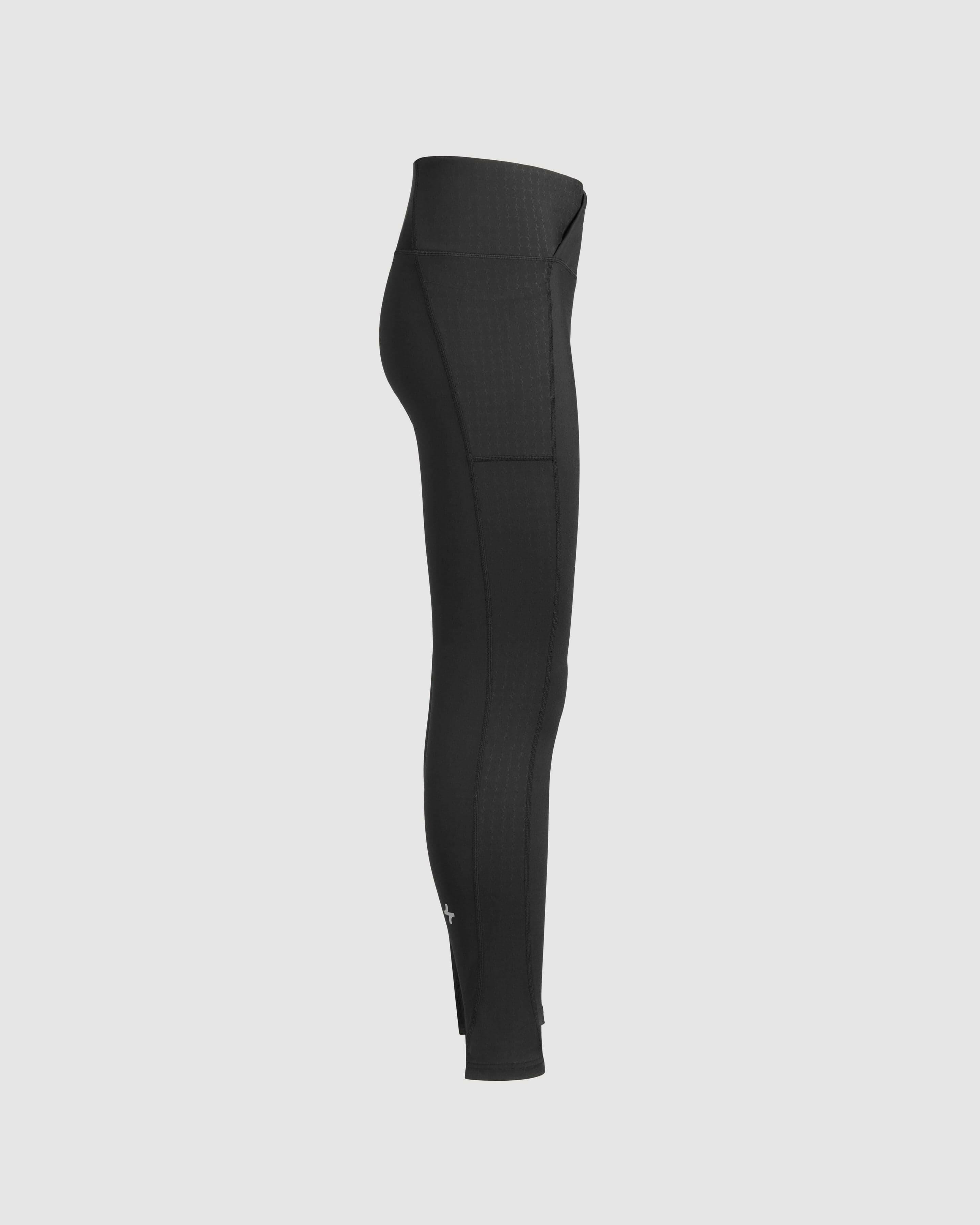 Side view of Stylish black LADINA LEGGINGS by Qynda with a high waistband and better-fitting, zipper detail on white background.