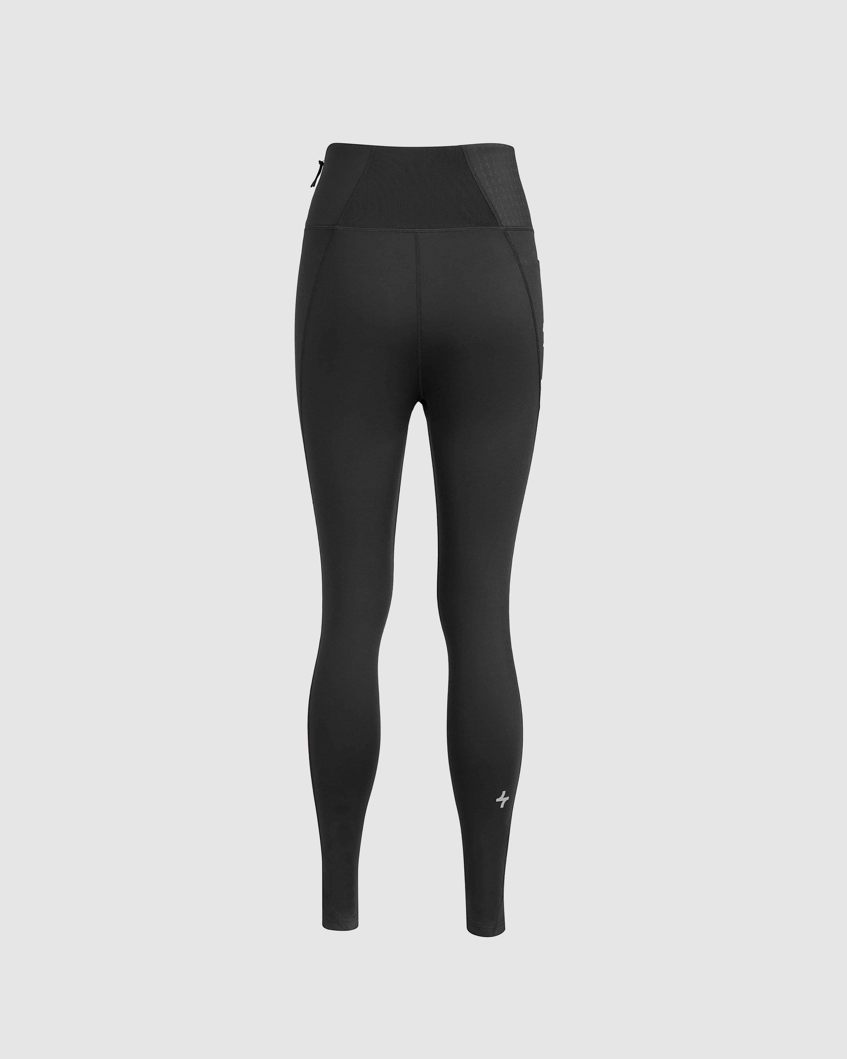 Back side of Stylish Black LADINA LEGGINGS by Qynda with a high waistband and better fitting, zipper detail on white background.