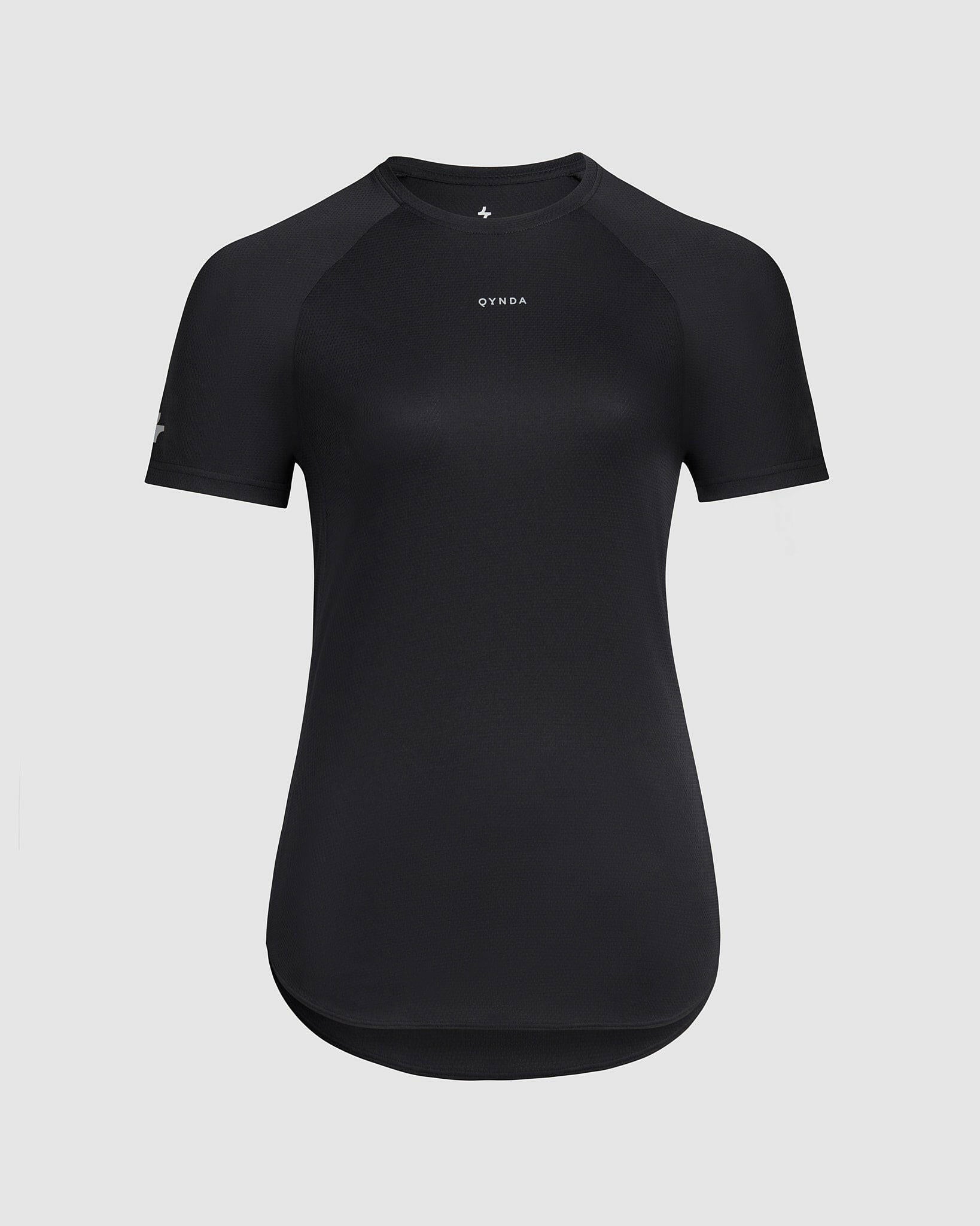 A black, athletic fit, short-sleeved BREATHE T-SHIRT by Qynda designed for breathability, displayed on a plain white background.