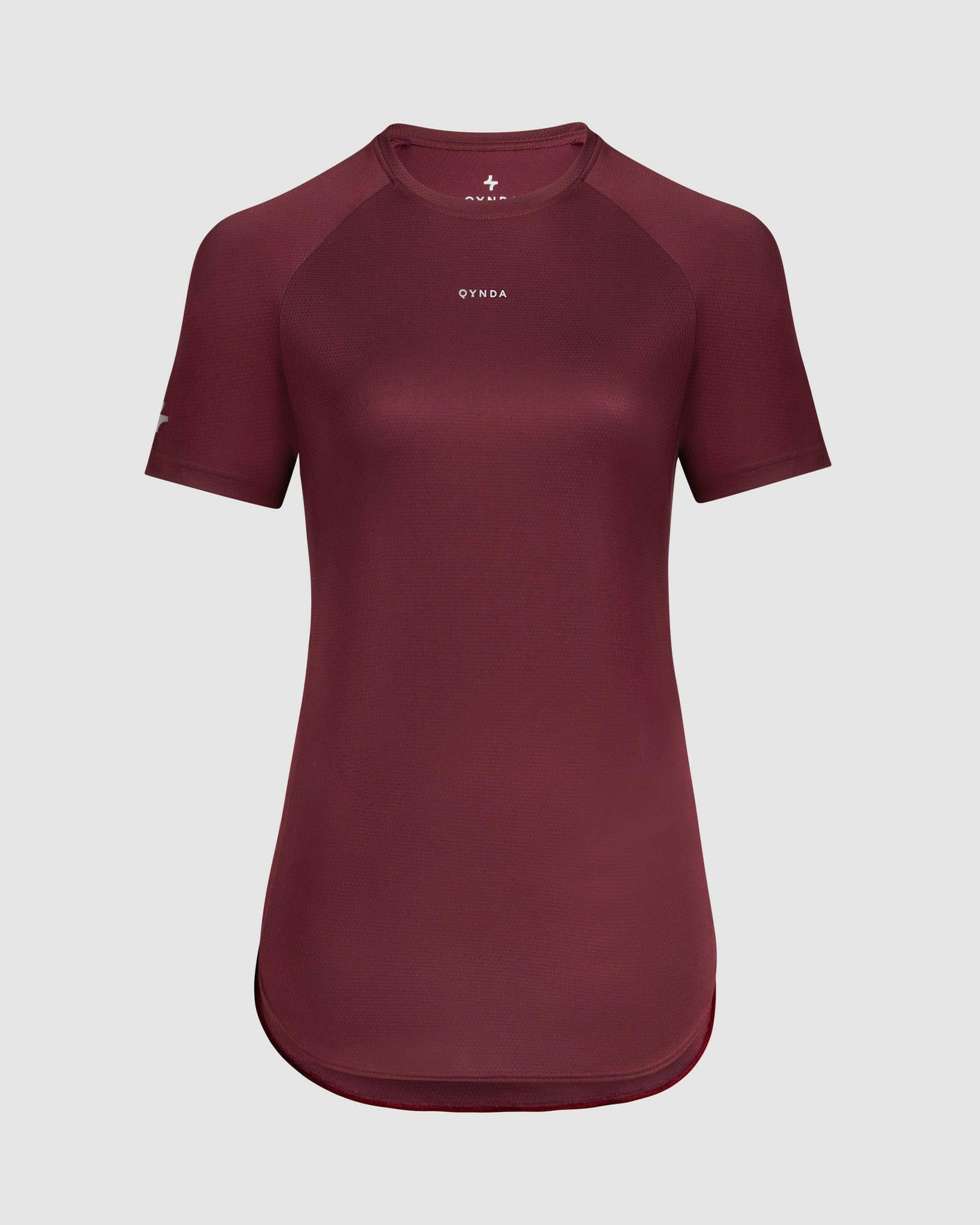 A maroon, athletic fit, short-sleeved BREATHE T-SHIRT by Qynda designed for breathability, displayed on a plain white background.