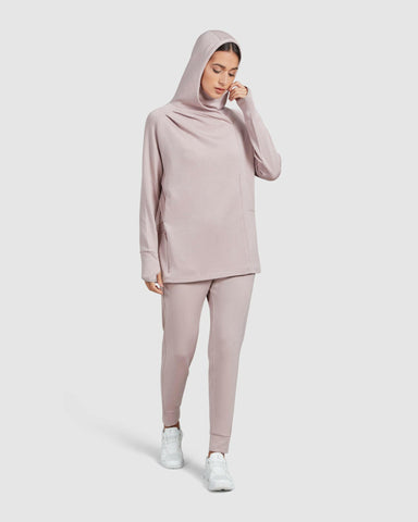 Model in a Modest JOG JOGGER by Qynda and matching light fabric hoodie.