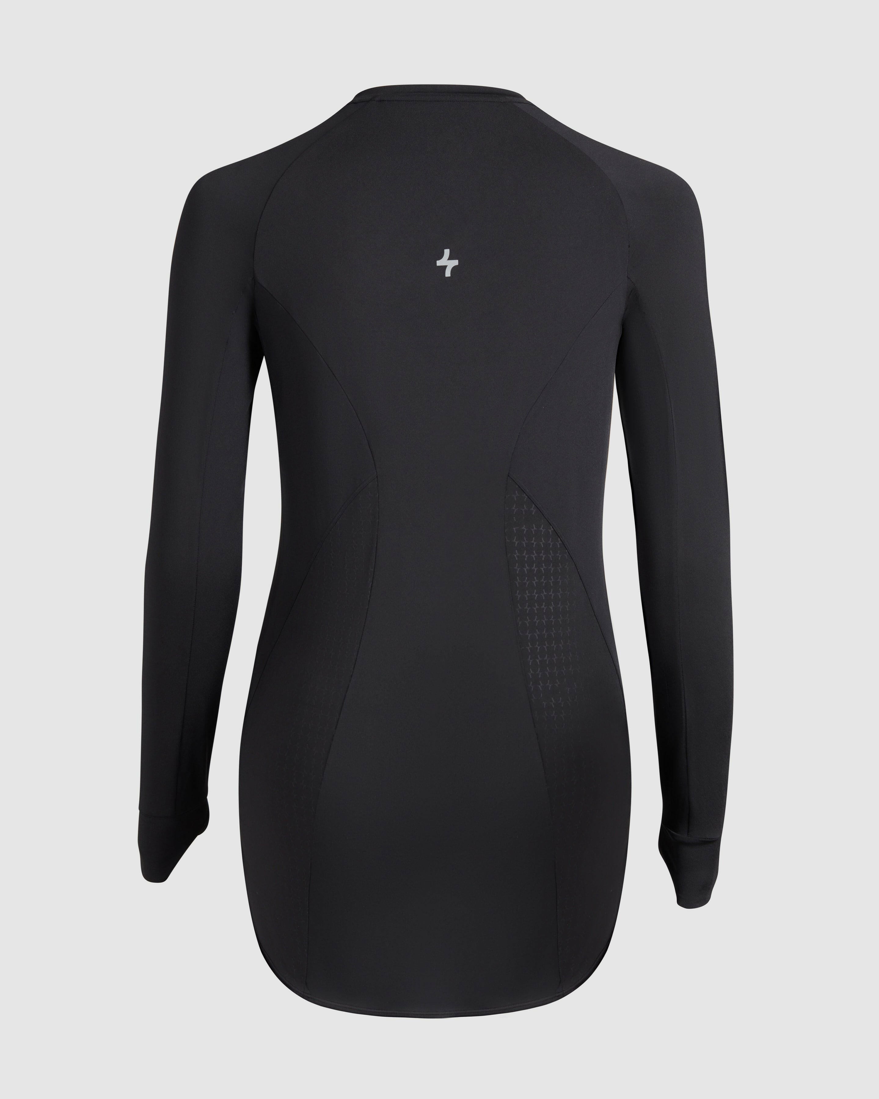 Back view of a modest black MOD LONG SLEEVE T-SHIRT by Qynda with mesh panels under the arms, featuring a Qynda logo centered below the neck and crafted from super light material.