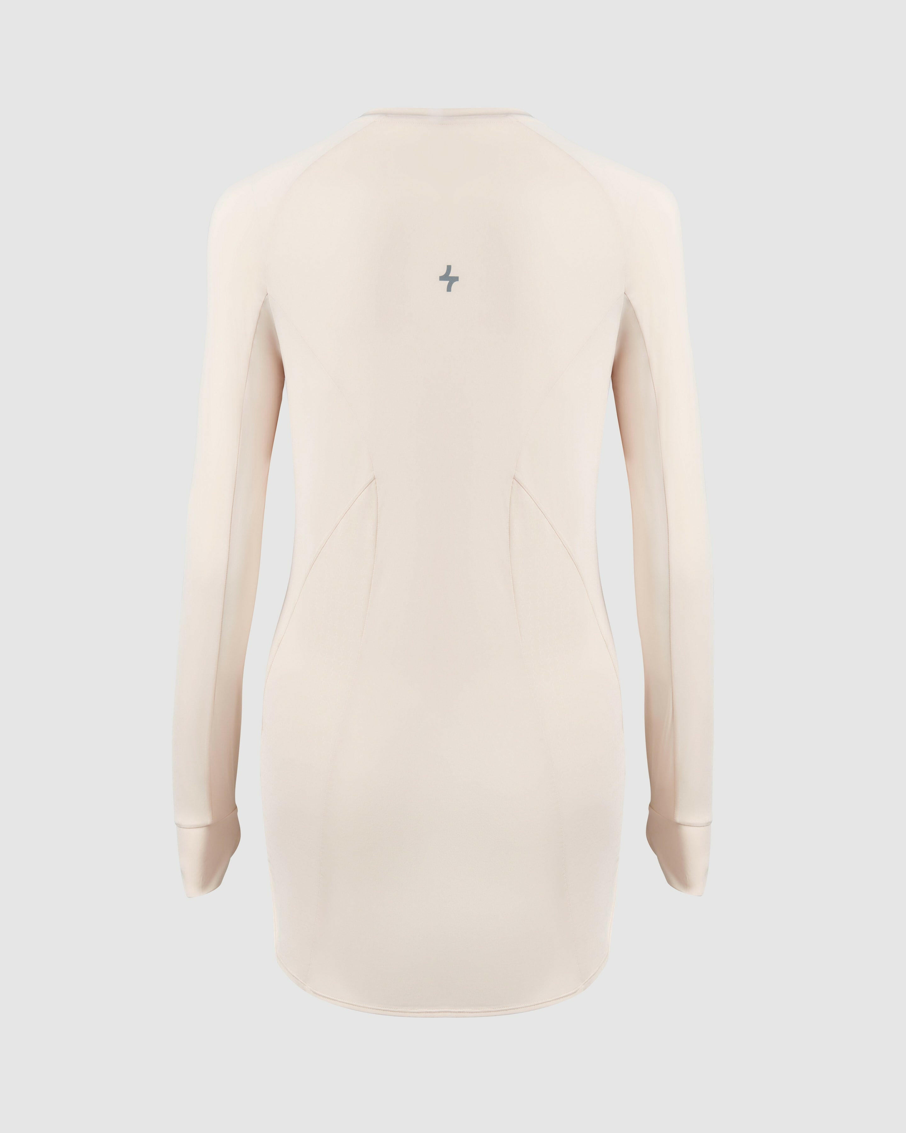 Back view of modest shell MOD LONG SLEEVE T-SHIRT by Qynda with mesh panels under the arms, featuring a Qynda logo centered below the neck and crafted from super light material.